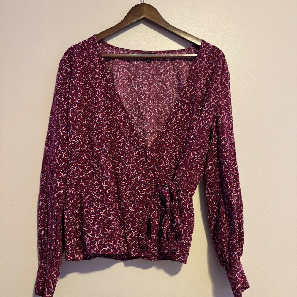 Women's Burgundy Floral Wrap Blouse Long Sleeve Size L Boho Indie Feminine